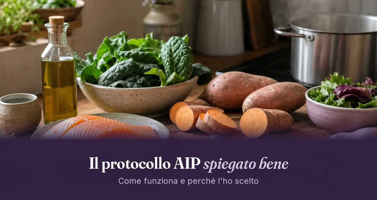 Cucina con salmone crudo, patate dolci, verdure a foglia, olio d'oliva e una pentola sul fuoco