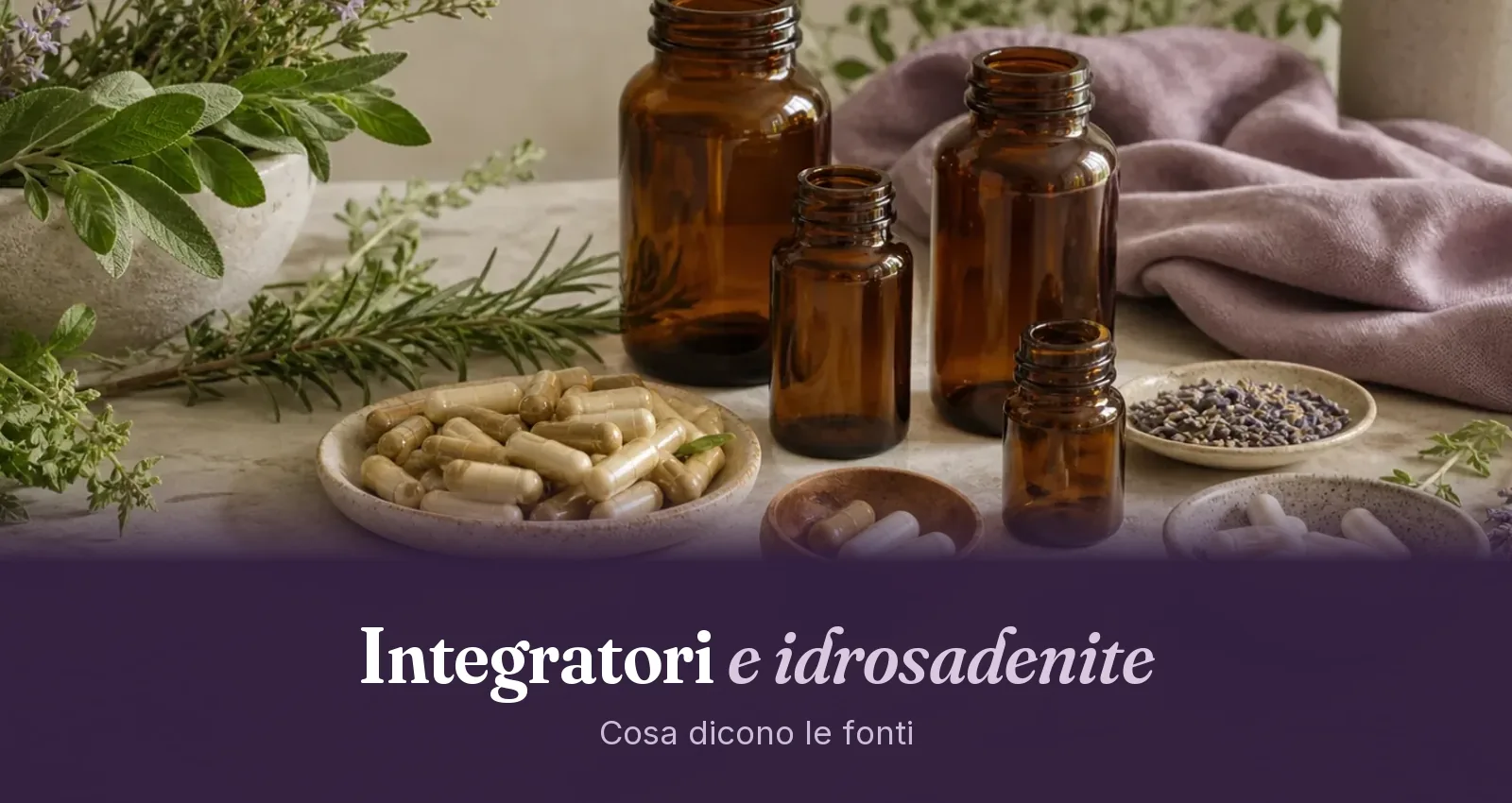 Flaconi ambrati di integratori, capsule in ciotoline e erbe fresche su un piano chiaro