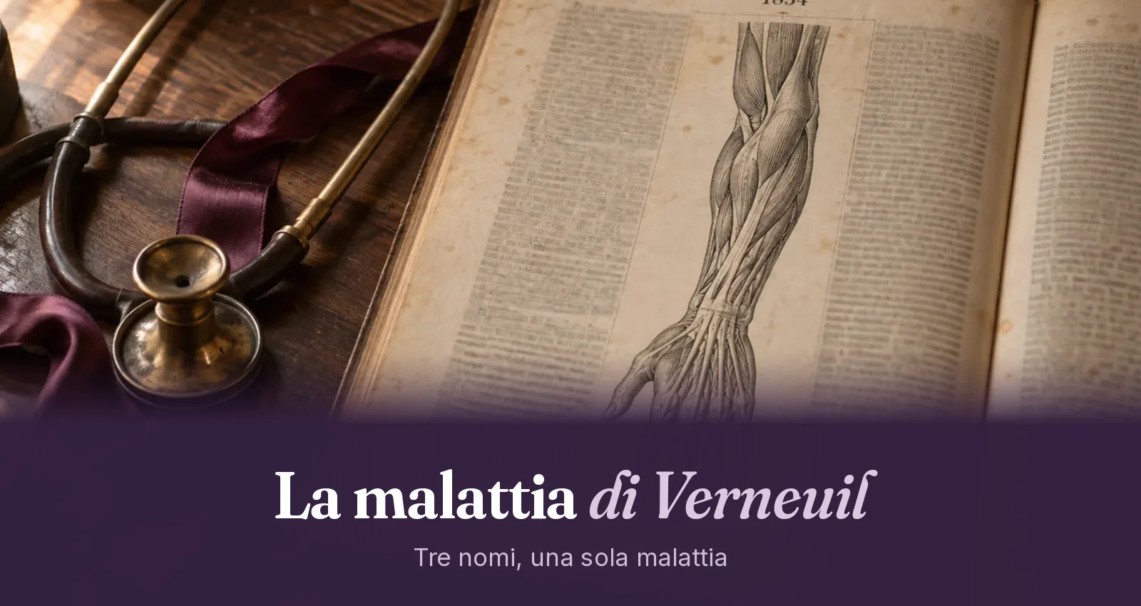 Una pagina di rivista medica francese del 1854 aperta su una scrivania, con un'incisione anatomica di un braccio, uno stetoscopio d'epoca e un nastro color prugna con occhiali d'epoca, a rappresentare la storia del nome della malattia di Verneuil